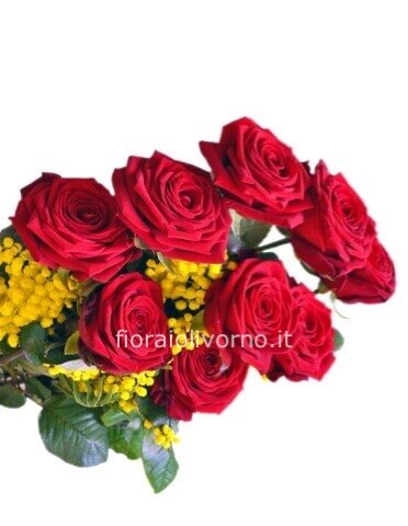 Confezione di Rose rosse con mimosa